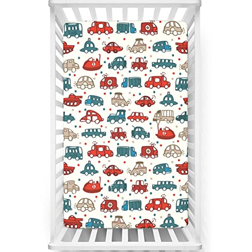 Cars Themed Fitted Crib Sheet,Standard Crib Mattress Fitted Sheet Ultra Soft Material -Baby Crib Sheets for Girl or Boy,28“ x52“,Scarlet Teal Tan