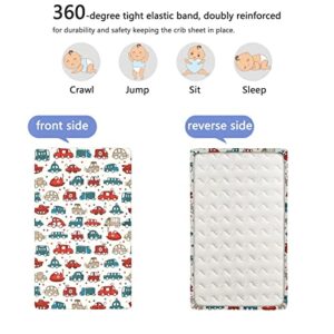 Cars Themed Fitted Crib Sheet,Standard Crib Mattress Fitted Sheet Ultra Soft Material -Baby Crib Sheets for Girl or Boy,28“ x52“,Scarlet Teal Tan