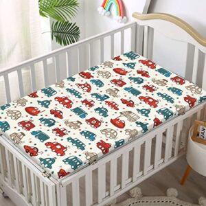 Cars Themed Fitted Crib Sheet,Standard Crib Mattress Fitted Sheet Ultra Soft Material -Baby Crib Sheets for Girl or Boy,28“ x52“,Scarlet Teal Tan