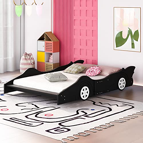 P PURLVE Race Car-Shaped Platform Bed Full with Wheels, Platform Bed Frame with Rails, Wooden Platform Bed for Boy, Girls and Young Teens, No Box Spring Needed (Black)