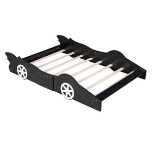 P PURLVE Race Car-Shaped Platform Bed Full with Wheels, Platform Bed Frame with Rails, Wooden Platform Bed for Boy, Girls and Young Teens, No Box Spring Needed (Black)