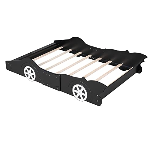 P PURLVE Race Car-Shaped Platform Bed Full with Wheels, Platform Bed Frame with Rails, Wooden Platform Bed for Boy, Girls and Young Teens, No Box Spring Needed (Black)