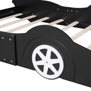 P PURLVE Race Car-Shaped Platform Bed Full with Wheels, Platform Bed Frame with Rails, Wooden Platform Bed for Boy, Girls and Young Teens, No Box Spring Needed (Black)