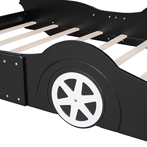 P PURLVE Race Car-Shaped Platform Bed Full with Wheels, Platform Bed Frame with Rails, Wooden Platform Bed for Boy, Girls and Young Teens, No Box Spring Needed (Black)