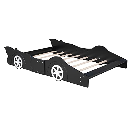 P PURLVE Race Car-Shaped Platform Bed Full with Wheels, Platform Bed Frame with Rails, Wooden Platform Bed for Boy, Girls and Young Teens, No Box Spring Needed (Black)