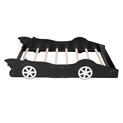 P PURLVE Race Car-Shaped Platform Bed Full with Wheels, Platform Bed Frame with Rails, Wooden Platform Bed for Boy, Girls and Young Teens, No Box Spring Needed (Black)