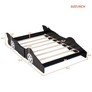 P PURLVE Race Car-Shaped Platform Bed Full with Wheels, Platform Bed Frame with Rails, Wooden Platform Bed for Boy, Girls and Young Teens, No Box Spring Needed (Black)