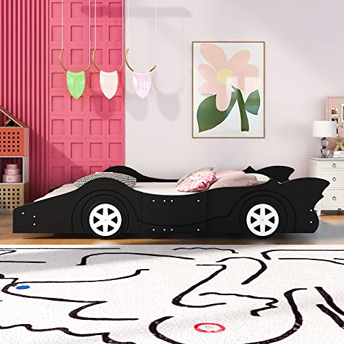 P PURLVE Race Car-Shaped Platform Bed Full with Wheels, Platform Bed Frame with Rails, Wooden Platform Bed for Boy, Girls and Young Teens, No Box Spring Needed (Black)