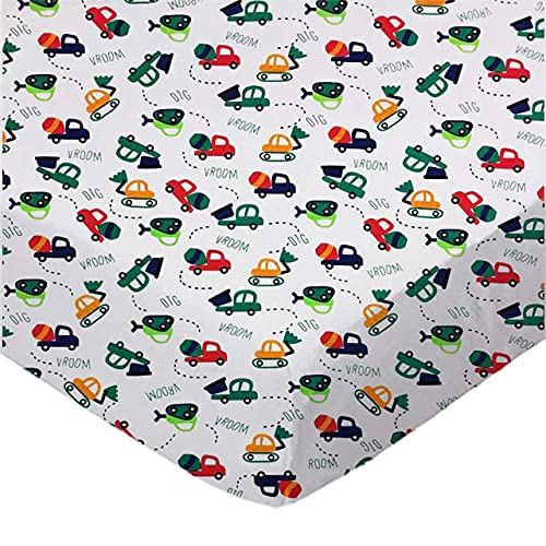 SheetWorld 100% Cotton Interlock Jersey Fitted Crib Toddler Sheet 28 x 52, Construction Cars, Made in USA