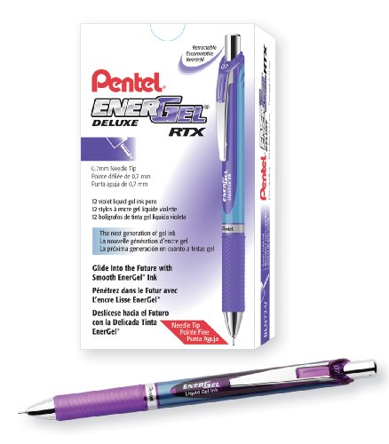 Pentel EnerGel Deluxe RTX Retractable Liquid Gel Pen, Medium Line, Needle Tip, Violet Ink, Box of 12 (BLN77-V)