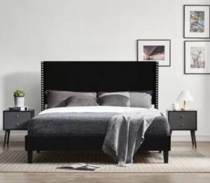 anwickmak modern queen bed frame, velvet upholstered wingback platform bed frame queen size with headboard, low profile bed frame, sturdy wooden slats, noise-free, no box spring needed (black)