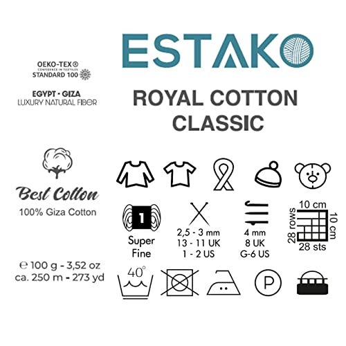 Estako Royal Cotton Classic, 100% Giza Cotton Yarn, Soft, Super Fino 1 for Crochet and Knitting 3.52 Oz (100g) / 273 Yrds (250m) (4053)