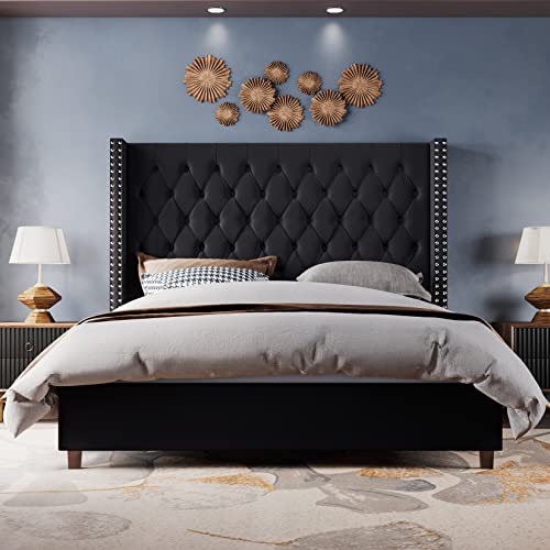 Jocisland 61.4" Tall Bed Frame Queen Size Upholstered Bed Wingback Headborad Velvet Tufted Handmade Pleat Deep Button/No Box Spring Needed/Black