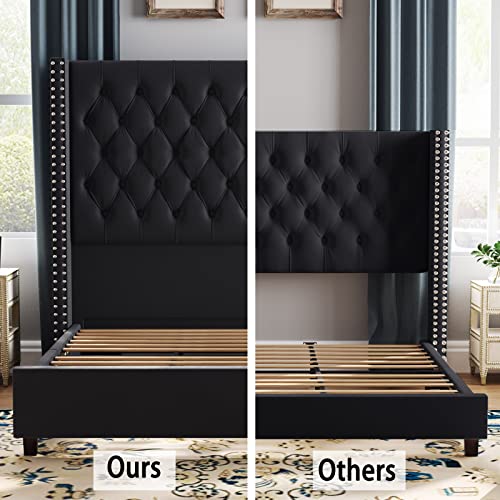 Jocisland 61.4" Tall Bed Frame Queen Size Upholstered Bed Wingback Headborad Velvet Tufted Handmade Pleat Deep Button/No Box Spring Needed/Black