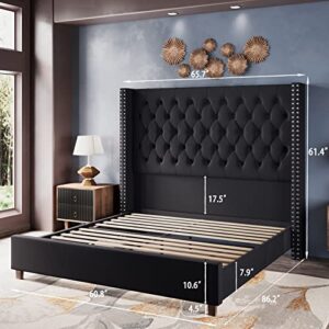 Jocisland 61.4" Tall Bed Frame Queen Size Upholstered Bed Wingback Headborad Velvet Tufted Handmade Pleat Deep Button/No Box Spring Needed/Black