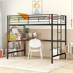 full size loft bed with desk and metal grid, metal loft bed with ladder and full-length guardrail for kids boys girls teens, hold up to 250lbs, noise free frame, black