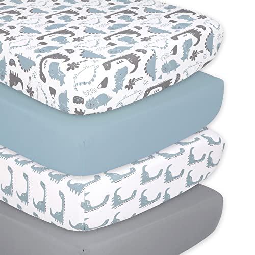 The Peanutshell Dinosaur Fitted Crib Sheet Set, 4 Pack, Blue & Grey