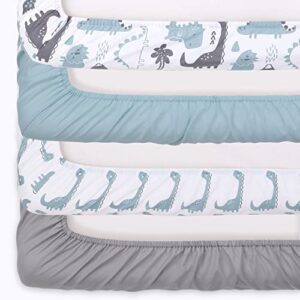 The Peanutshell Dinosaur Fitted Crib Sheet Set, 4 Pack, Blue & Grey