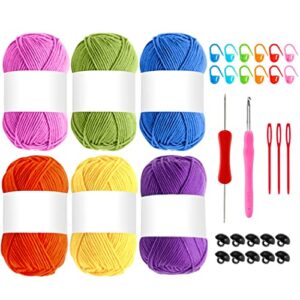 cacoe 6pcs acrylic yarn skeins with crochet kit -6x50g 660 yards of craft yarn for knitting and crochet,yarn for crocheting beginners and professional,starter pack for adults(rainbow - 6 colors)