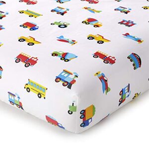 wildkin kids 100% cotton flannel fitted crib sheet for boys & girls, crib sheets measures 52 x 28 inches, kids crib sheets super soft & breathable material (trains, planes & trucks)