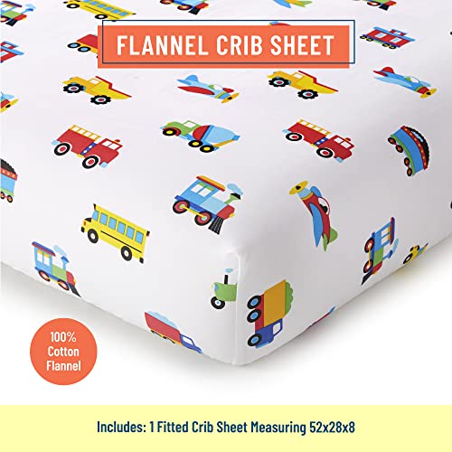 Wildkin Kids 100% Cotton Flannel Fitted Crib Sheet for Boys & Girls, Crib Sheets Measures 52 x 28 Inches, Kids Crib Sheets Super Soft & Breathable Material (Trains, Planes & Trucks)