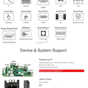 XYGStudy 4inch HDMI Capacitive Touch IPS LCD Display (C) Screen Resolution 720×720 Compatible with All Versions of Raspberry Pi 4 3 Jetson Nano AI PC Windows 11/10 / 8.1/8 / 7