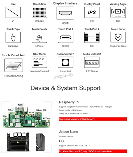 XYGStudy 4inch HDMI Capacitive Touch IPS LCD Display (C) Screen Resolution 720×720 Compatible with All Versions of Raspberry Pi 4 3 Jetson Nano AI PC Windows 11/10 / 8.1/8 / 7