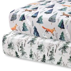 pobi baby - 2 pack premium fitted crib sheets for standard crib mattress - ultra-soft cotton blend, stylish animal woodland pattern, safe and snug for baby (magical)