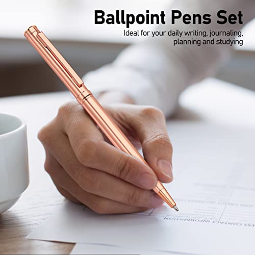 WEMATE 4Pcs Slim Retractable Ballpoint Pens, Extra 4Pcs Ink Refills in Black and Blue, Metal Pen 1.0mm Medium Point, Writing Pens with Gift Box for Office,Students, Teachers and Wedding Rose Gold