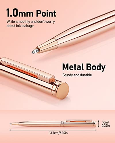 WEMATE 4Pcs Slim Retractable Ballpoint Pens, Extra 4Pcs Ink Refills in Black and Blue, Metal Pen 1.0mm Medium Point, Writing Pens with Gift Box for Office,Students, Teachers and Wedding Rose Gold