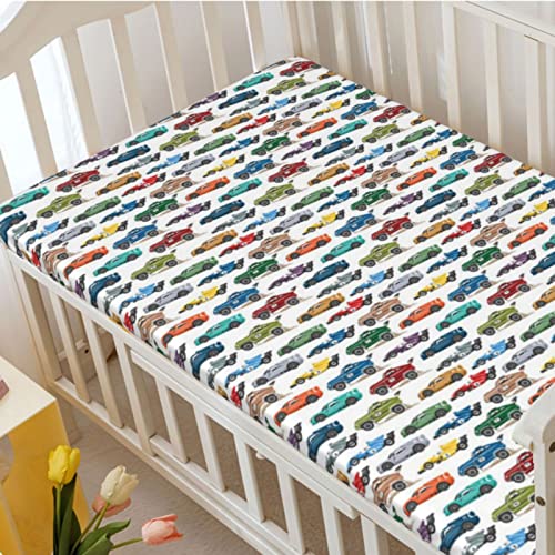 Race Car Themed Fitted Mini Crib Sheets,Portable Mini Crib Sheets Ultra Soft Material-Baby Crib Sheets for Girl or Boy,24“ x38“,Multicolor