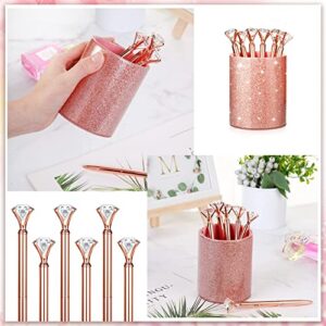 BBTO Rose Gold Pen Holder with 6 Pcs Bling Diamond Pens, Pencil Cups for Desk Glitter Bling Desk Organizer Makeup Brush Holder for Women Girls Classroom Offices Home, Rose Gold