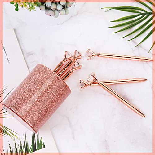 BBTO Rose Gold Pen Holder with 6 Pcs Bling Diamond Pens, Pencil Cups for Desk Glitter Bling Desk Organizer Makeup Brush Holder for Women Girls Classroom Offices Home, Rose Gold