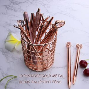 HEYTOP 10 Pcs Rose Gold Ballpoint Pens Set Metal Bling Crystal Pen Heart Crystal Diamond Glitter Pens Black Ink Crown Fancy Pens Gifts for Women Wedding School Office Home Desk Supplies