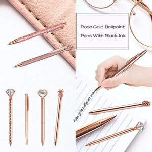 HEYTOP 10 Pcs Rose Gold Ballpoint Pens Set Metal Bling Crystal Pen Heart Crystal Diamond Glitter Pens Black Ink Crown Fancy Pens Gifts for Women Wedding School Office Home Desk Supplies