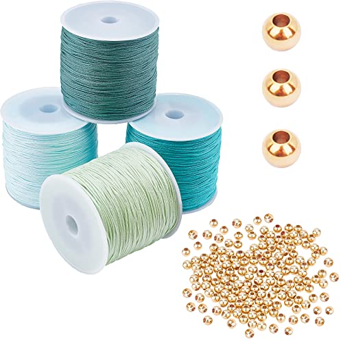 PH PandaHall 300pcs 4mm 14K Gold Plated Brass Beads with 0.8mm 436 Yards Blue Nylon Beading Cord Long-Lasting Smooth Spacer Beads Seamless Loose Ball Beads for Summer Hawaii Stackable Bracelet Making