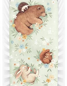rookie humans 100% cotton sateen fitted crib sheet: enchanted meadow. modern nursery, use as a photo background for your baby pictures. standard crib size (52 x 28 inches)