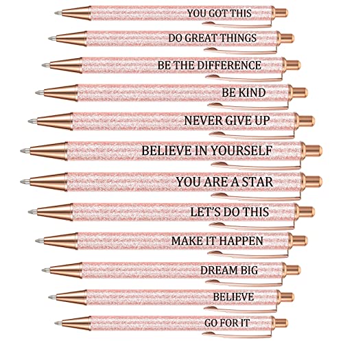 12 Pcs Quotes Sparkly Fancy Pen Inspirational Rose Gold Glitter Ballpoint Pen with Motivational Messages Pretty Cute Pens Metal Inspirational Pen Set Black Ink Pens Writing Pens (Inspirational Style)