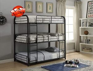 cparts stronger & upgraded version metal industrial style triple bunk bed full, thickened more stable safer steel full over full over full size triple bunkbed frame, faster assemble (sandy black)