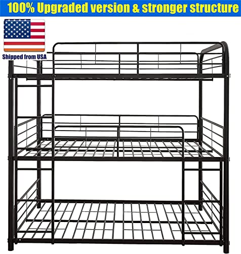 CPARTS Stronger & Upgraded Version Metal Industrial Style Triple Bunk Bed Full, Thickened More Stable Safer Steel Full Over Full Over Full Size Triple Bunkbed Frame, Faster Assemble (Sandy Black)