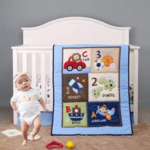 brandream boys crib bedding sets blue airplane car rocket dinosaur baby nursery bedding set 3 pieces - baby quilt, fitted crib sheet, crib bed skirt included