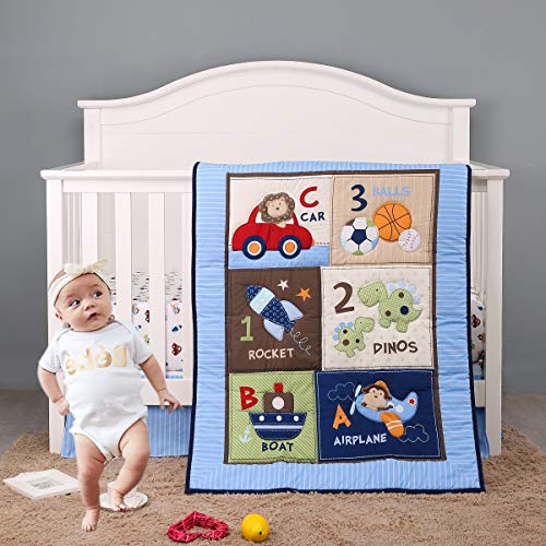 Brandream Boys Crib Bedding Sets Blue Airplane Car Rocket Dinosaur Baby Nursery Bedding Set 3 Pieces - Baby Quilt, Fitted Crib Sheet, Crib Bed Skirt Included