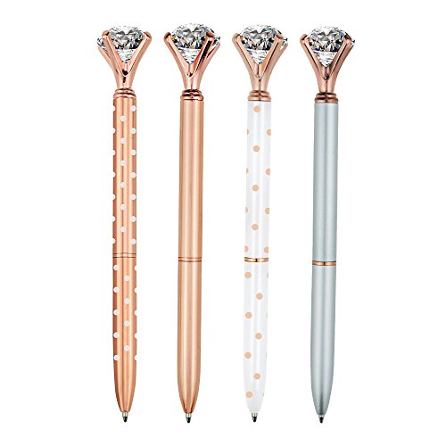 SINKSONS 4 Pcs Rose Gold Pen with Big Diamond/Crystal,Metal Ballpoint Pen,Rose Gold White and Silver,School and Office Supplies,Black Ink