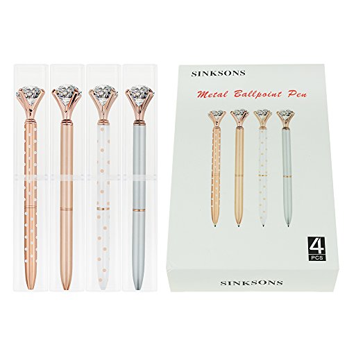 SINKSONS 4 Pcs Rose Gold Pen with Big Diamond/Crystal,Metal Ballpoint Pen,Rose Gold White and Silver,School and Office Supplies,Black Ink