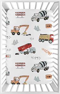 sweet jojo designs construction truck boy fitted mini crib sheet baby nursery for portable crib or pack and play - grey yellow orange red and blue transportation