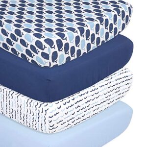 the peanutshell nautical fitted crib sheet set for baby boys or girls - 4 pack nursery set - solid blue, whale theme, & waves