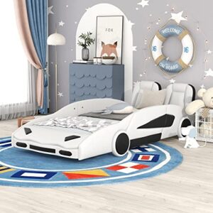 Merax Modern Wood Race Car-Shaped Bed Frame with Seat Wingback Fun Floor Car Bed for Boys Girls/No Box Spring Needed Twin White