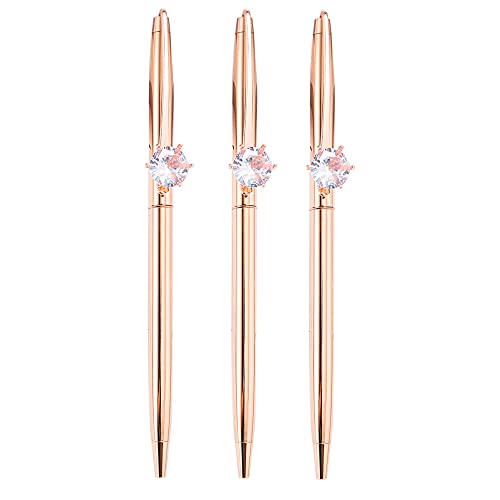 Sun Kea 3Pcs Big Diamond Pen Crystal Metal Ballpoint Pens 1.0mm Black Ink Advertising Gif Pen (6551-plated rose gold)