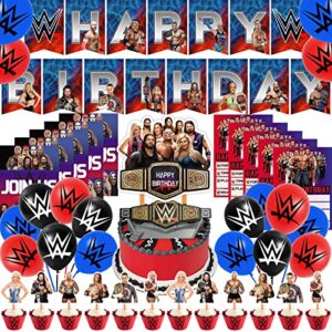 44 pcs boxing party supplies, wrestling fighting theme birthday party set, includes happy birthday banner, cake topper, cupcake toppers, balloons, invitation card for kids men party decorations