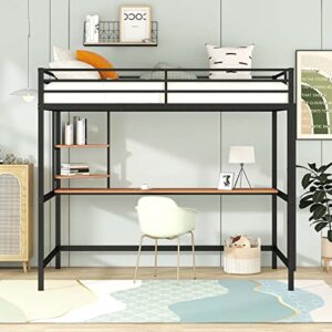 tmeosk full size metal loft bed frame with desk and storage bookshelves, high loft bed with safety full-length guardrails and ladders for boys girls teens adults, no box spring needed (black)